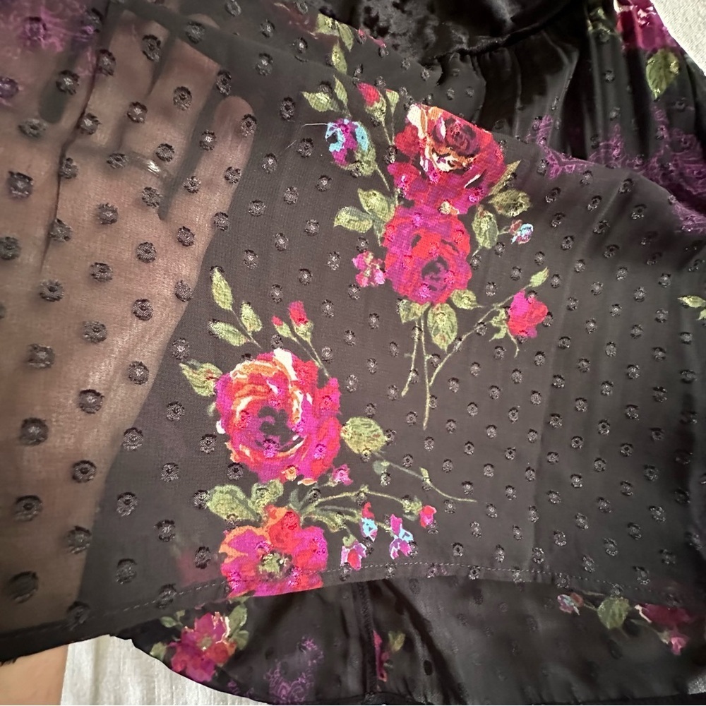 DR2 Tunic Top Womens L Black Velvet Floral Sheer Ruffle Boho Peplum Whimsigoth - Picture 3 of 12